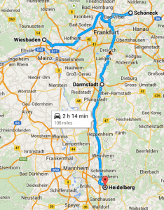 Route from Wiesbaden to Shoeneck, Darmstad, and to Heidelberg
