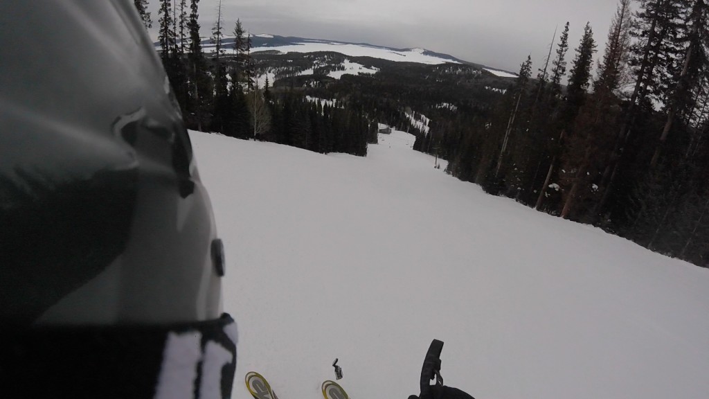 If you look closely you can see the GoPro coming off of the tip of my right ski. 